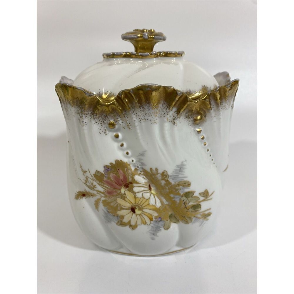 Antique A Lanternier Limoges France Hand Painted Lidded Biscuit Jar Tea Caddy 7"